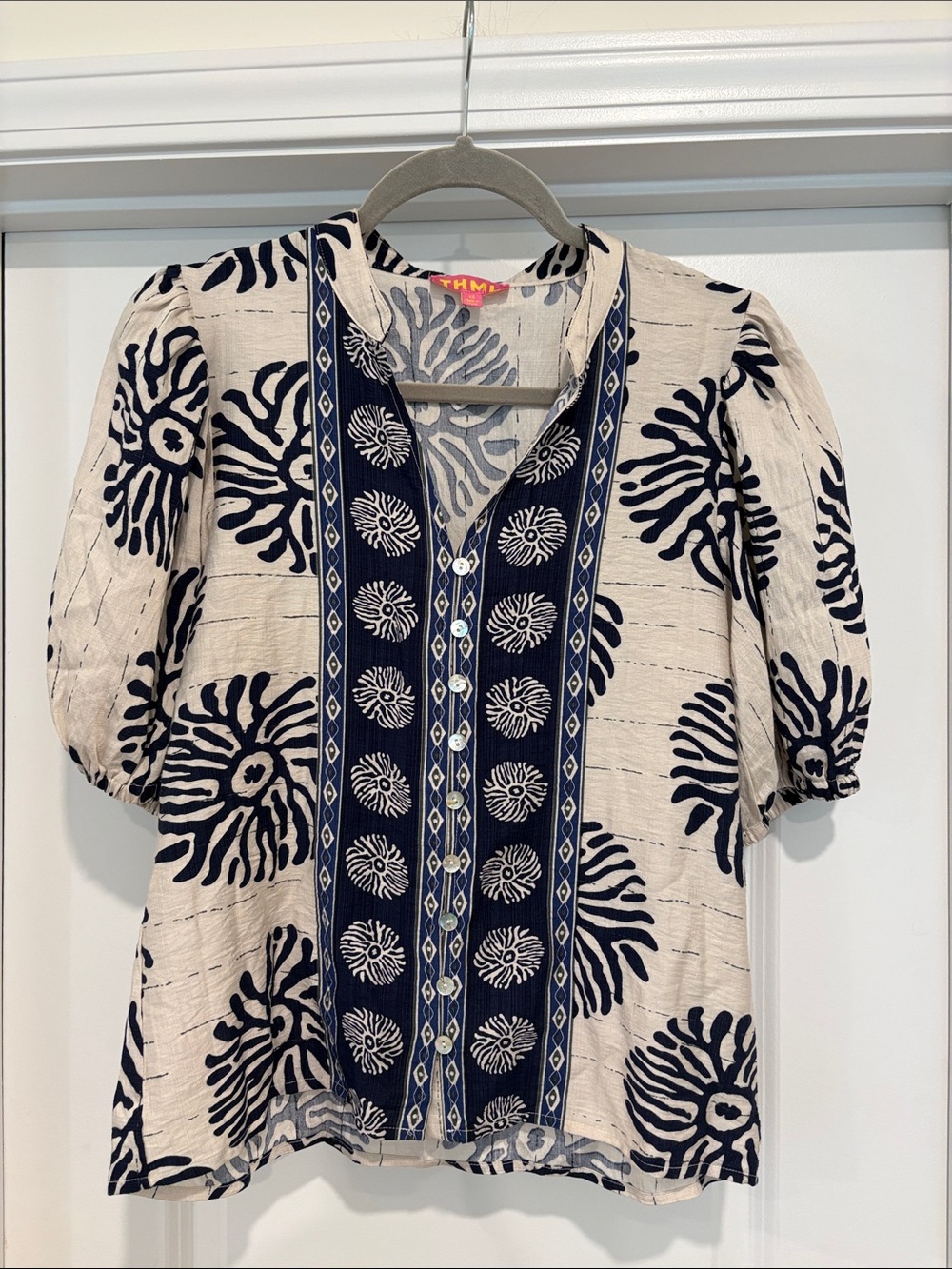 THML Tie-Dye Motif Button-Front Blouse in Navy and Cream